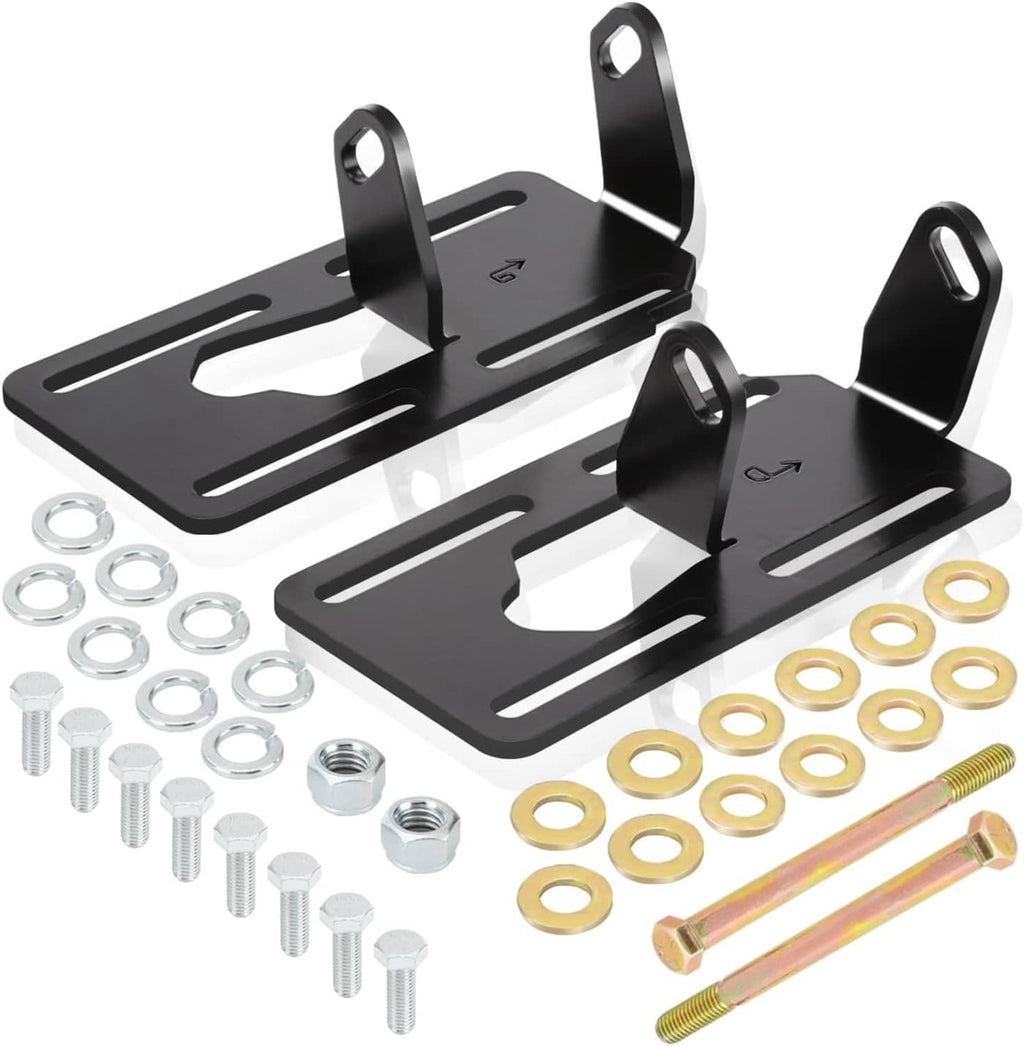 Black adjustable engine mount brackets with bolts, washers, and nuts hardware kit