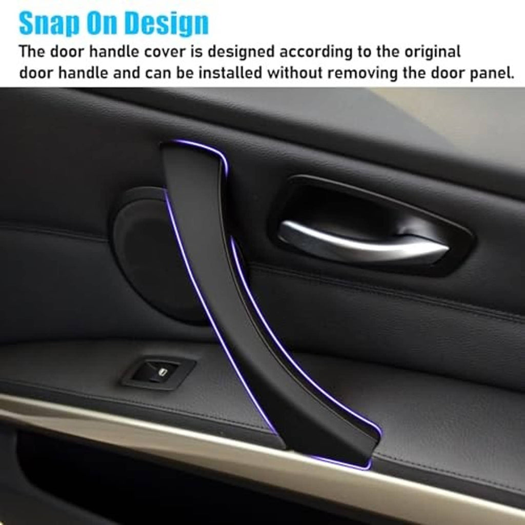 Black door handle cover on car interior door trim, outlined in blue for placement.