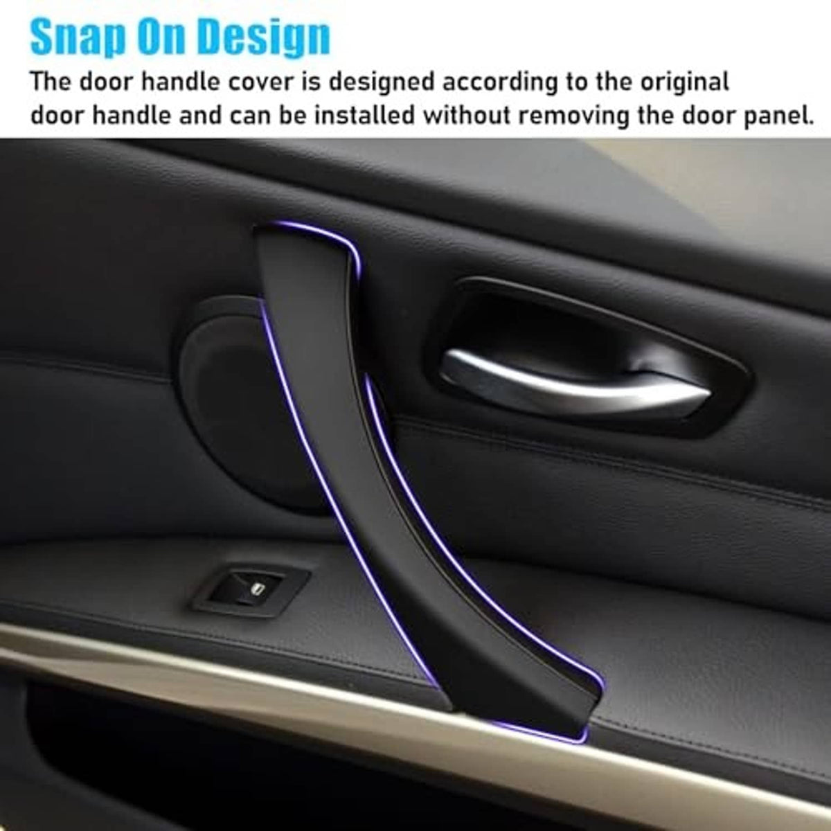 Black door handle cover on car interior door trim, outlined in blue for placement.