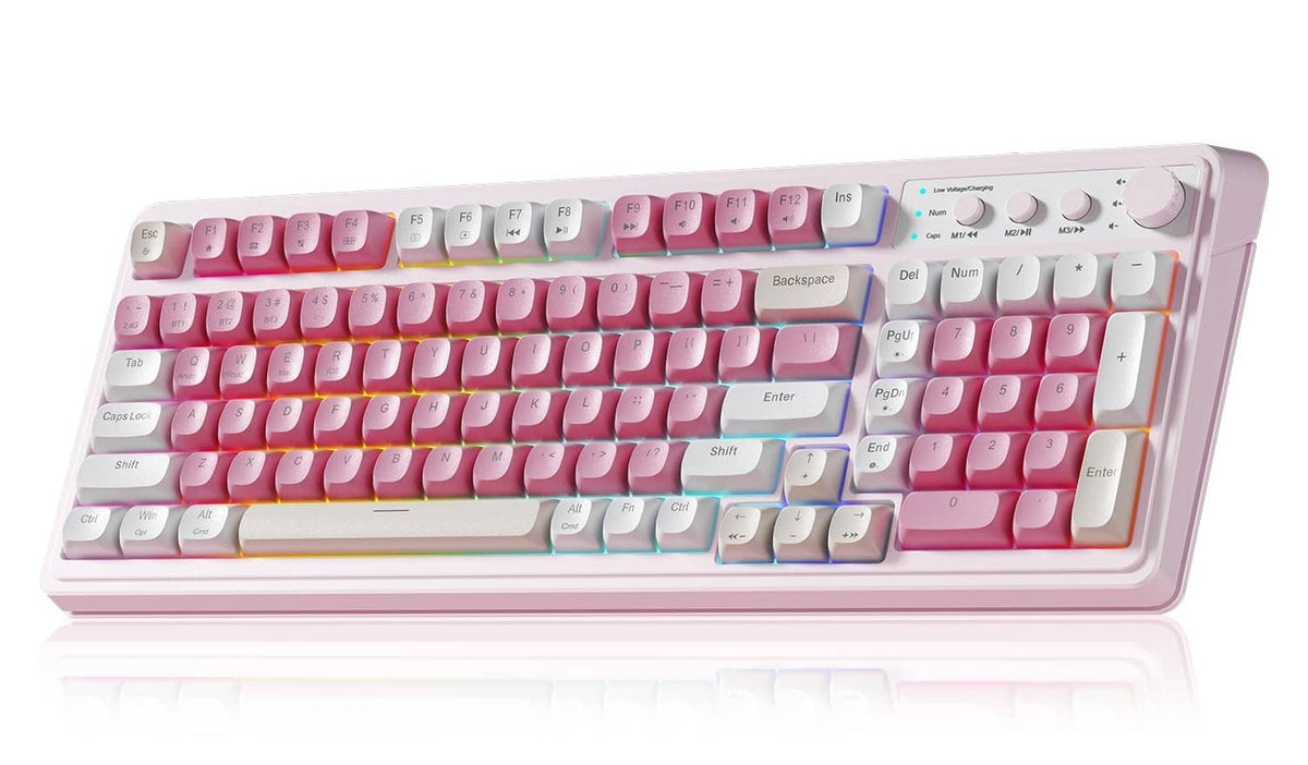 Pink and cream wireless gaming keyboard with full-size keycaps