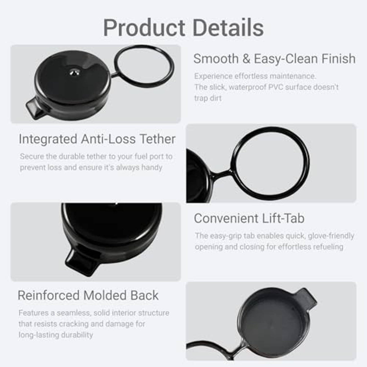 Black gas cap cover with tether loop, smooth finish and lift-tab shown