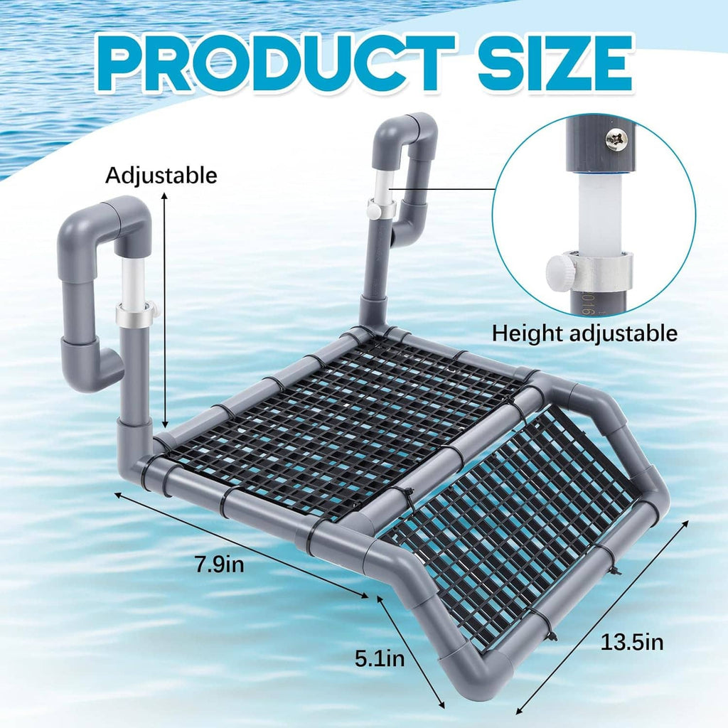 Height-adjustable turtle basking platform with black grid mesh and hanging dock frame
