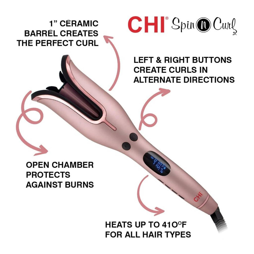 Rose gold ceramic rotating curling iron with U-shaped clamp and black control buttons