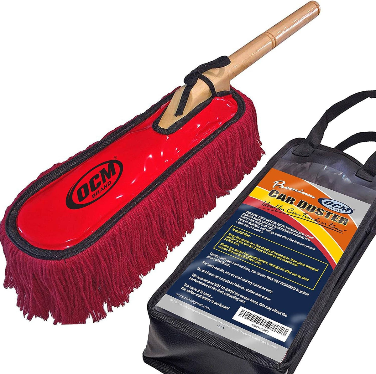 Red car duster featuring a wooden handle and black strap, shown with storage case