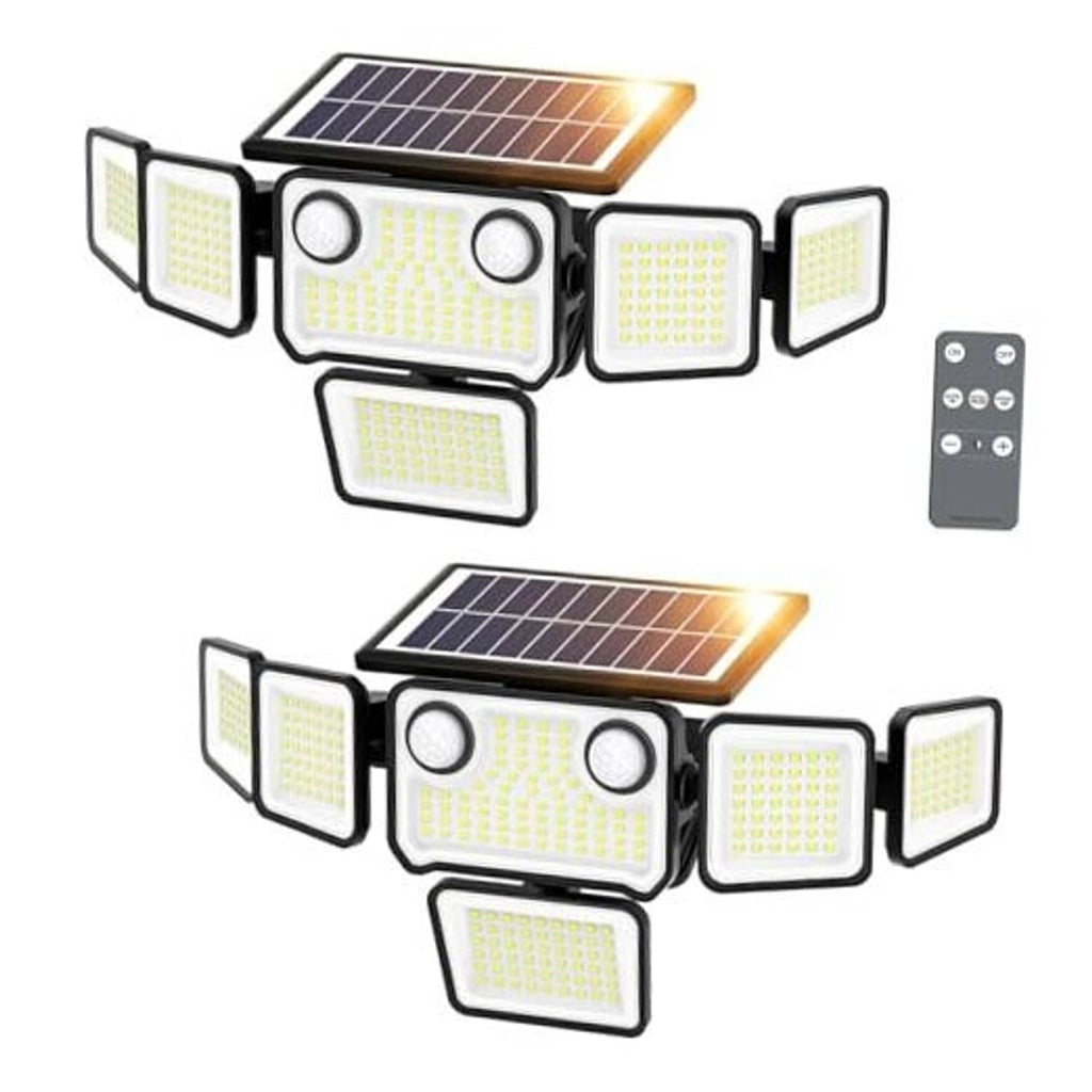 6-head solar floodlight with solar panel, LED light modules, and remote control