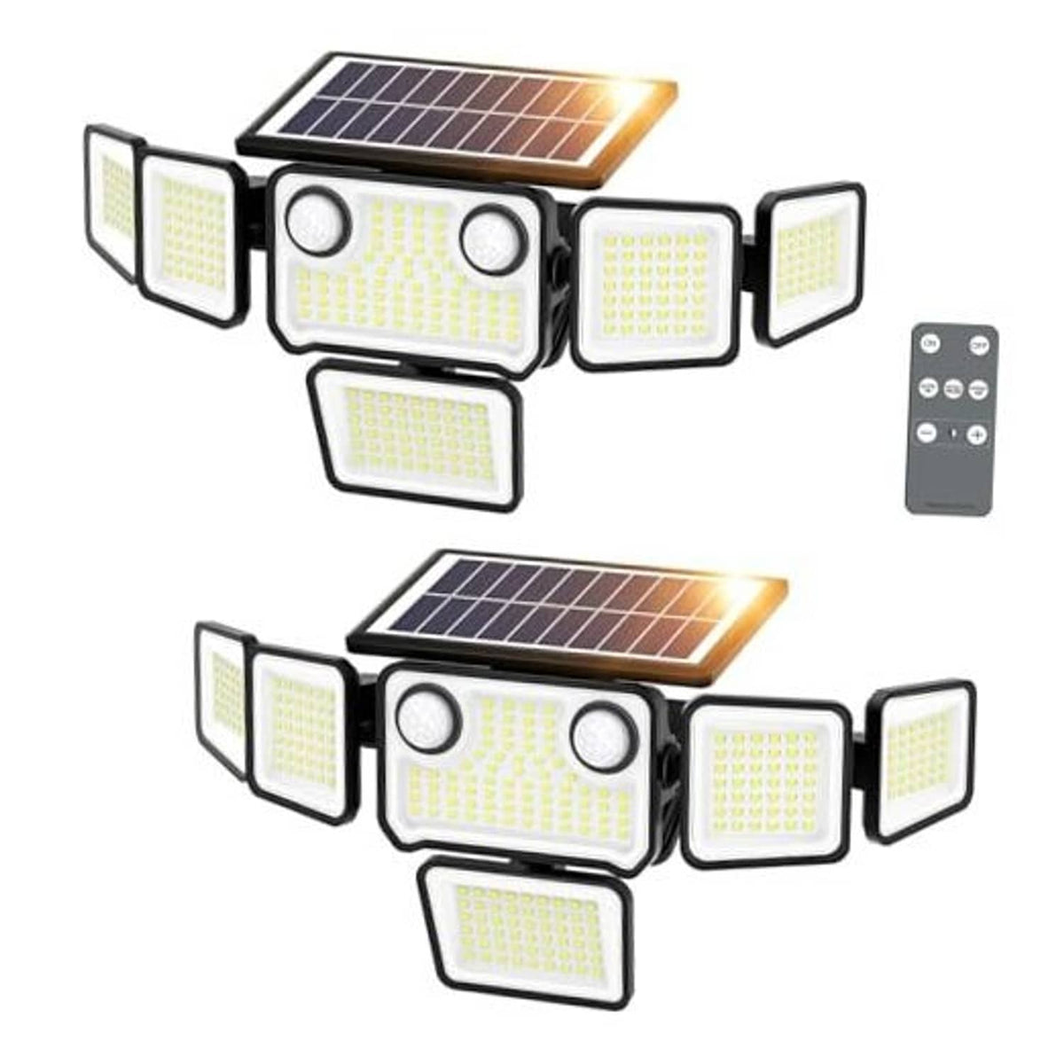 6-head solar floodlight with solar panel, LED light modules, and remote control