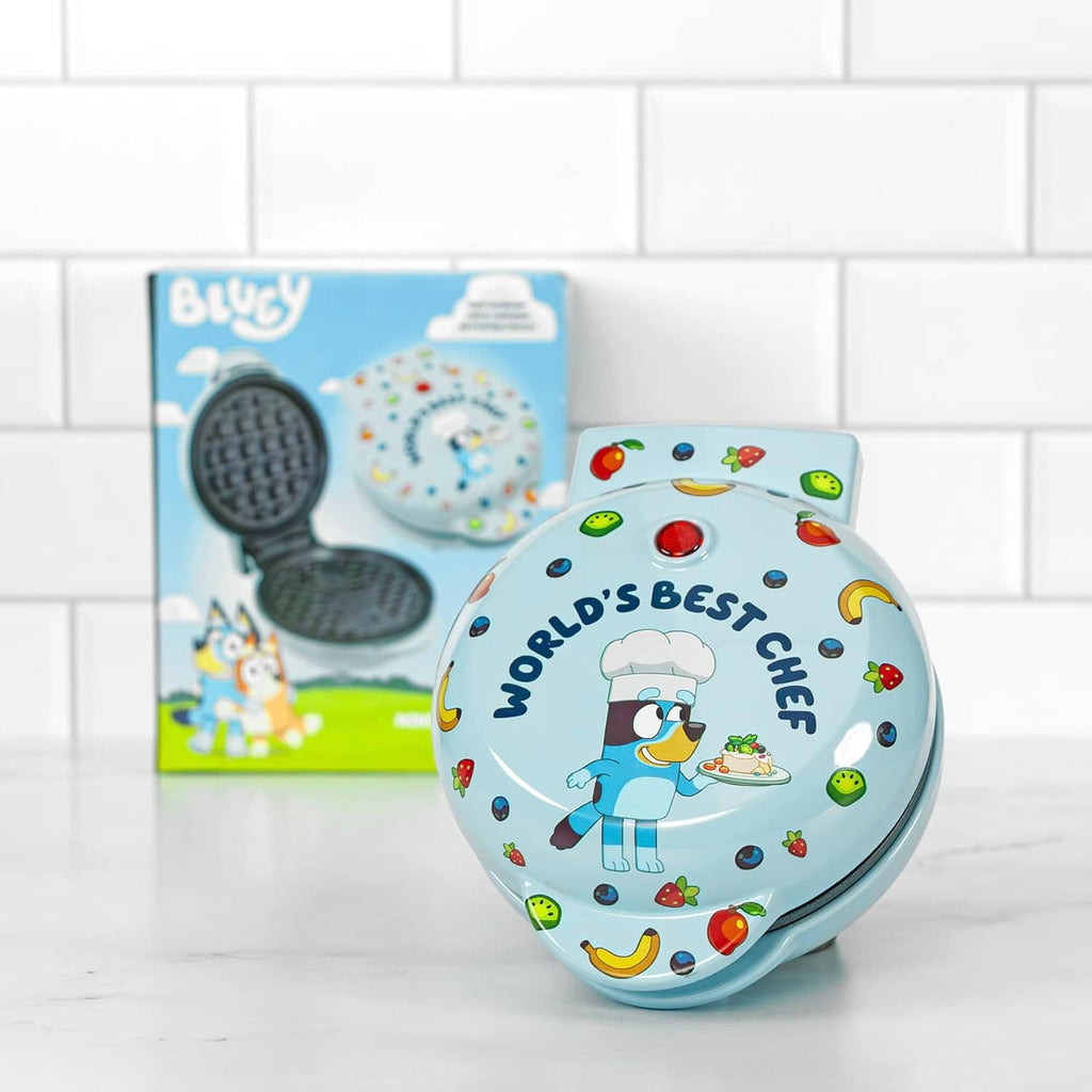 Mini waffle maker in retail box with light blue lid and World’s Best Chef design