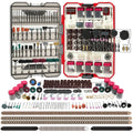 Rotary tool accessories kit with assorted bits, wheels, and shanks in a storage case