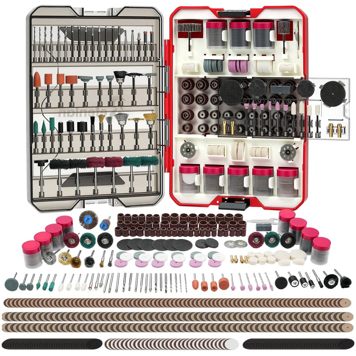 Rotary tool accessories kit with assorted bits, wheels, and shanks in a storage case