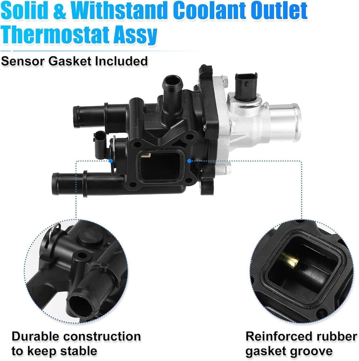 Thermostat housing assembly with reinforced rubber gasket groove and coolant outlet