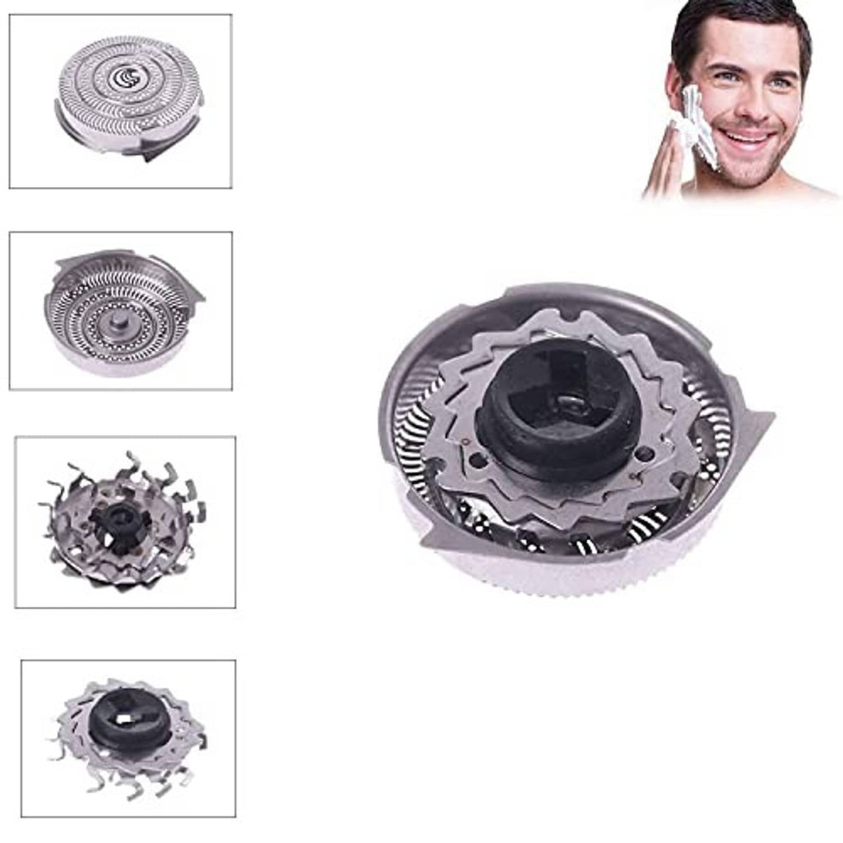 Replacement shaver cutter head with detachable blade assembly, shown in close-up views