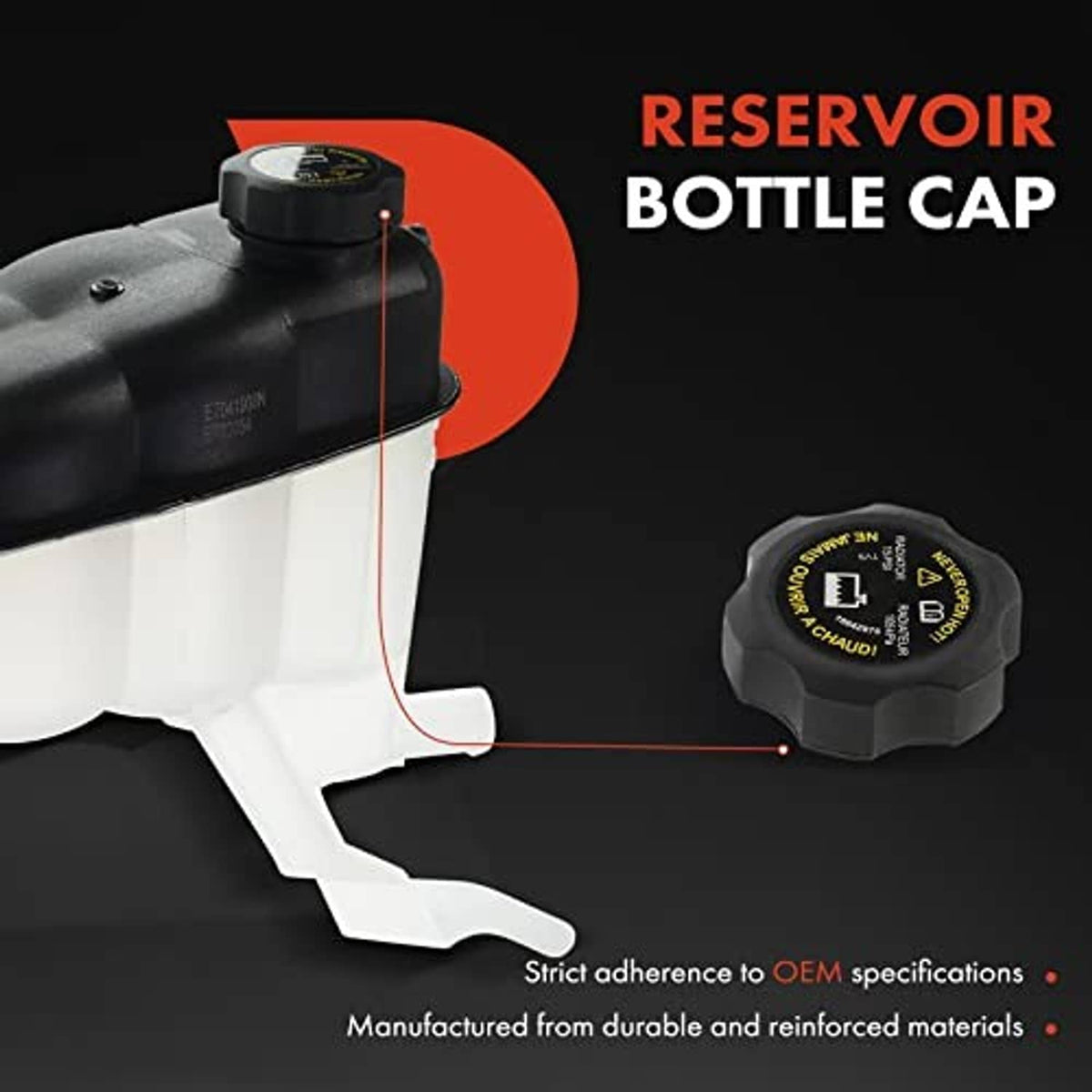 Engine coolant reservoir tank with black cap on white reservoir body