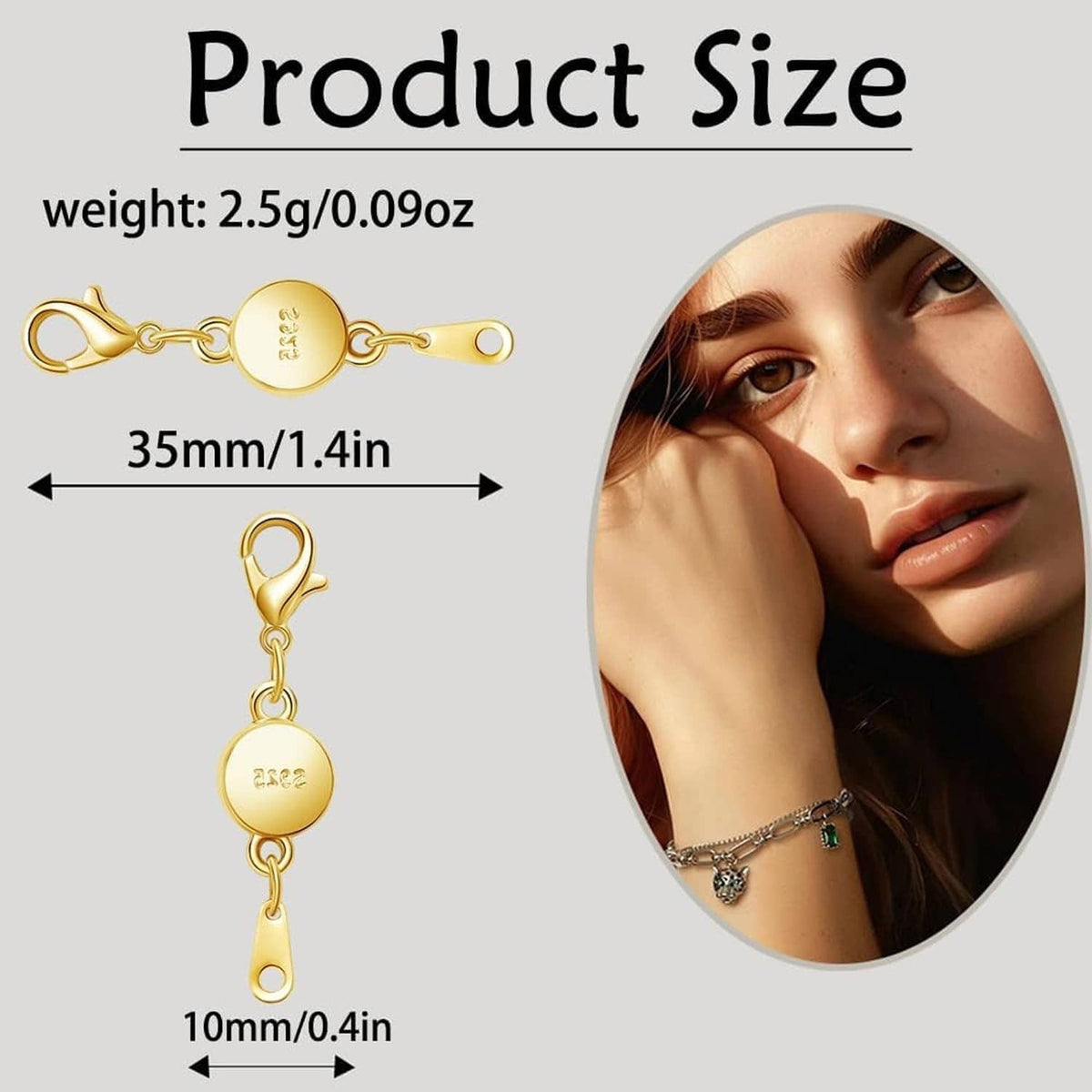 Gold magnetic necklace clasp with round 925 disc and hook connector