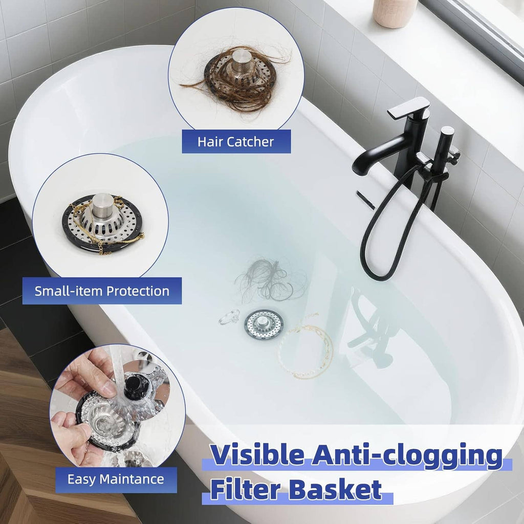 Bathtub drain hair catcher stopper with visible filter basket to help collect hair