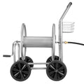 Heavy-duty water hose reel cart with metal drum, black wheels, and front handle basket