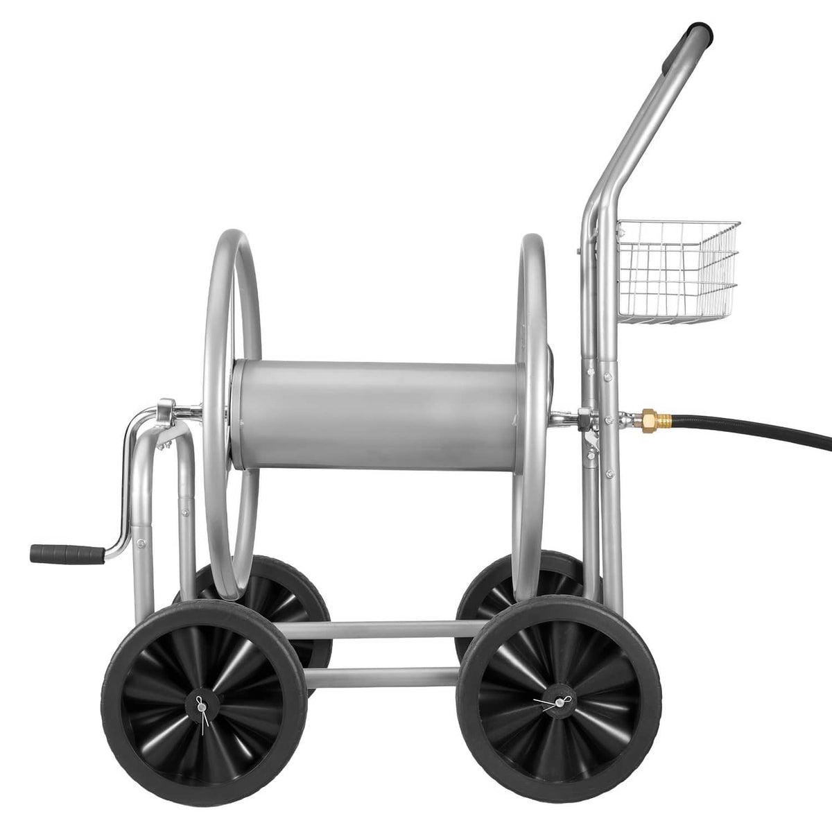 Heavy-duty water hose reel cart with metal drum, black wheels, and front handle basket