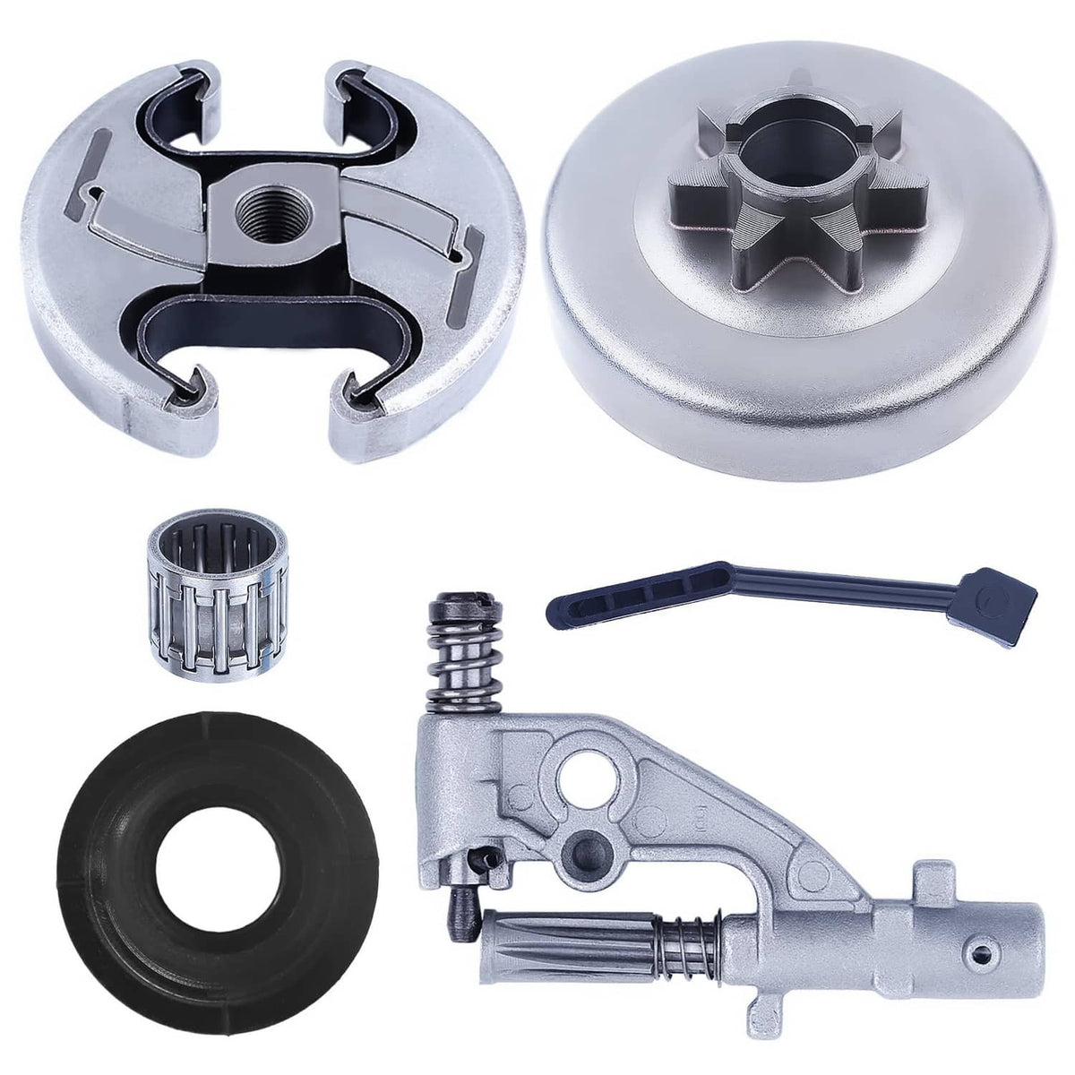 Metal clutch drum assembly kit with bearing and oil pump parts, silver and black