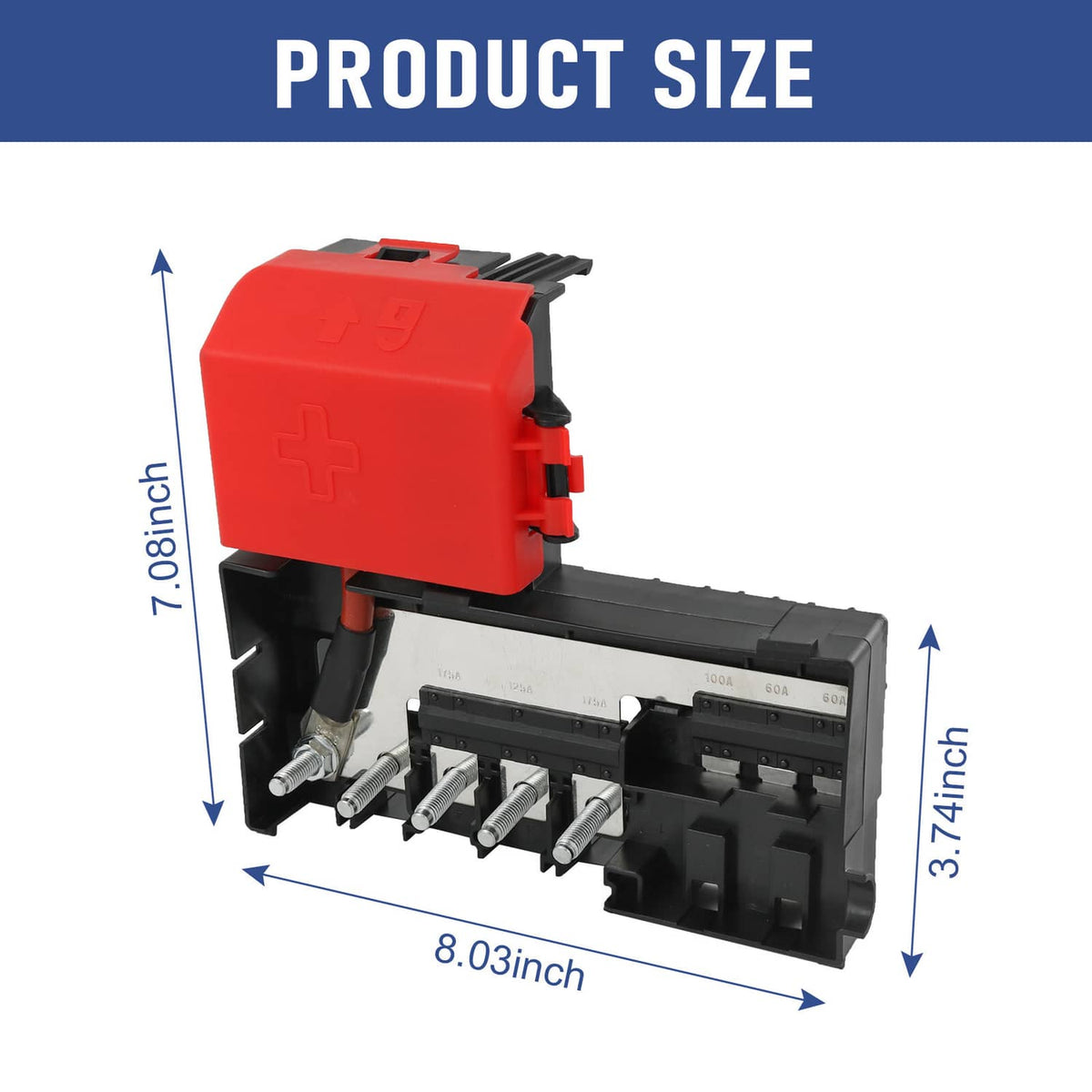 Battery distribution fuse block with red cover and black terminal housing, size shown