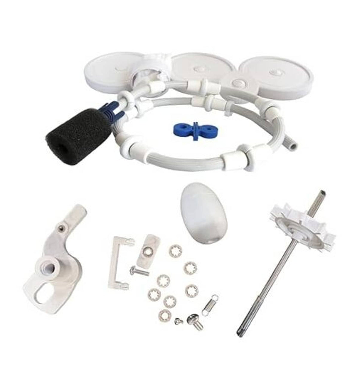 White rebuild kit parts: hoses, wheel covers, black foam filter, fittings and valves