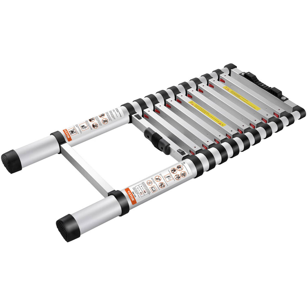 Extended aluminum telescoping ladder with platform steps and yellow traction strips