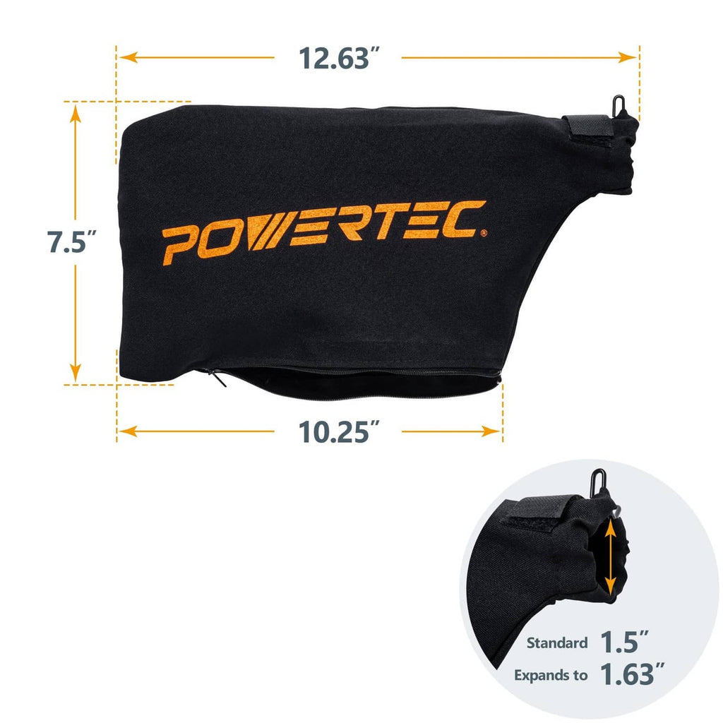 1.5 in dust port miter saw bag with size markings: 12.63 in x 10.25 in x 7.5 in