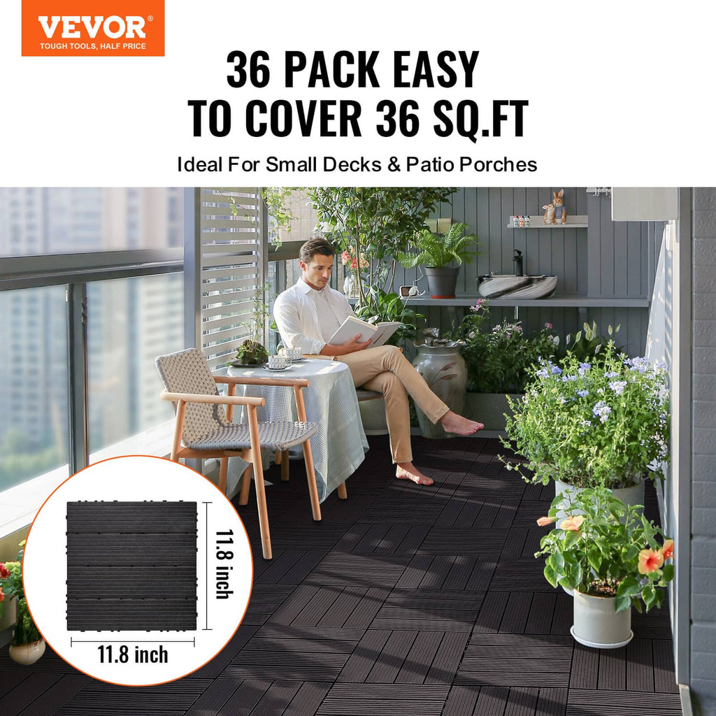 Dark brown square interlocking deck tiles with ridged top surface and snap-fit edges