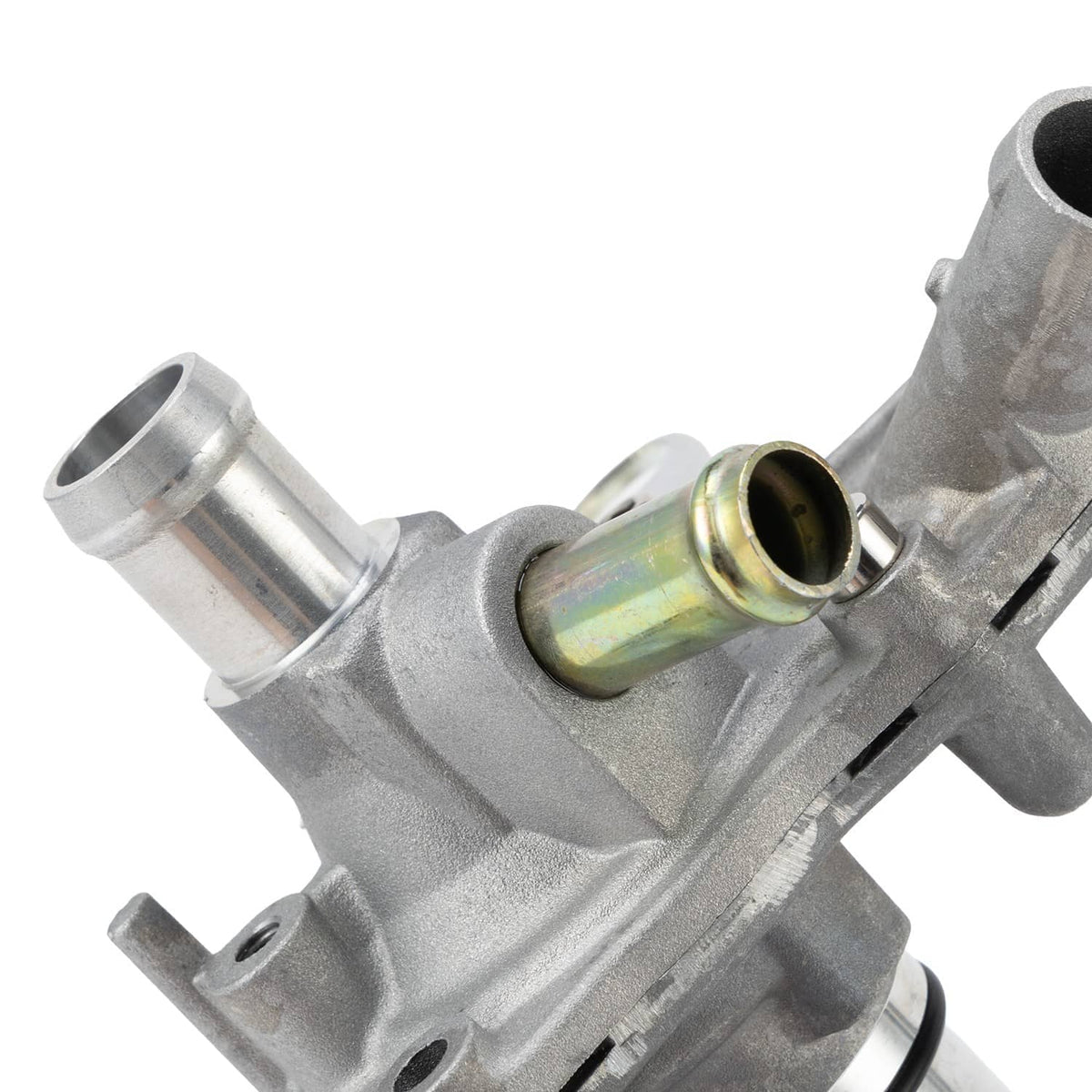 Water pump assembly side view with silver inlet tube and gold connector sleeve