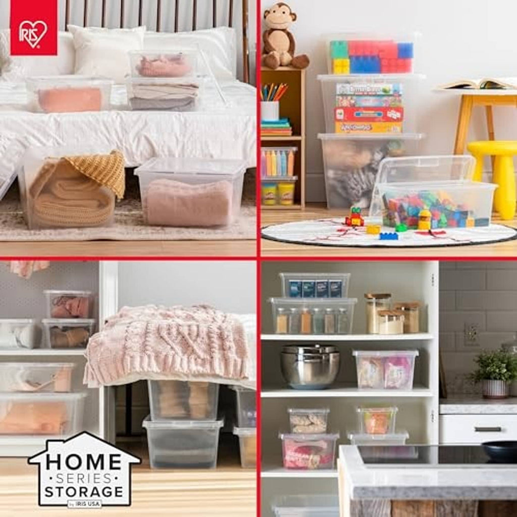 Clear storage bins with lids in a home setup, organizing bedding and supplies