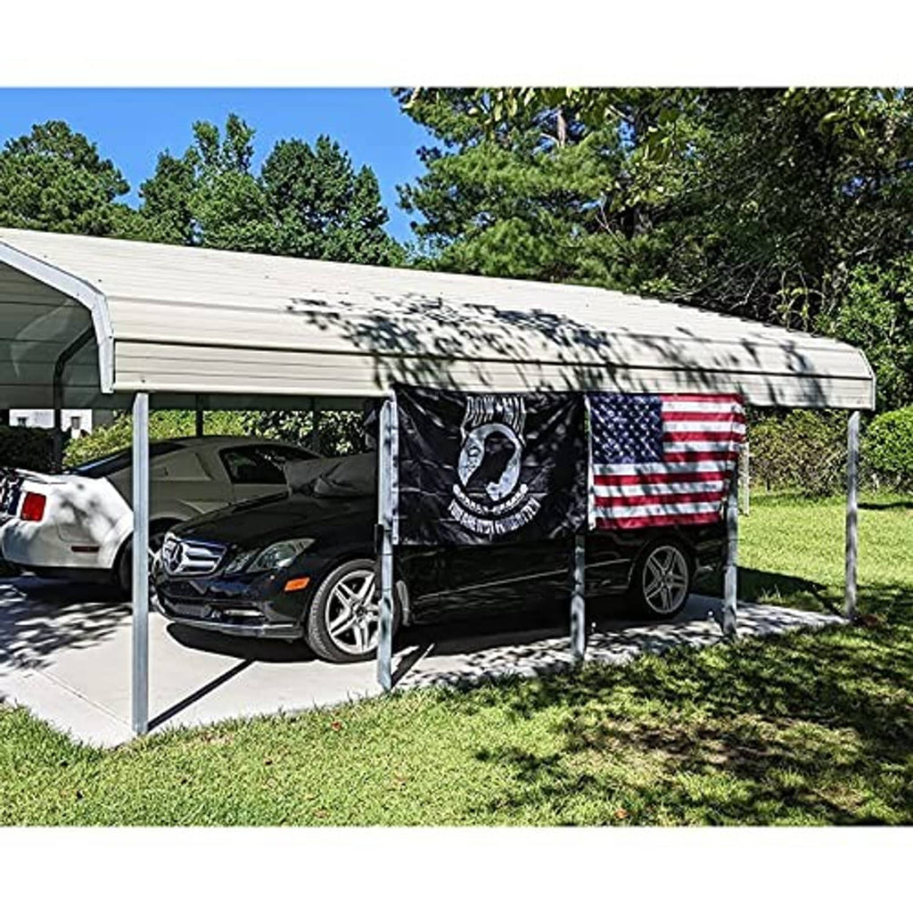 POW/MIA embroidered outdoor flag hanging from a carport, black fabric with white emblem