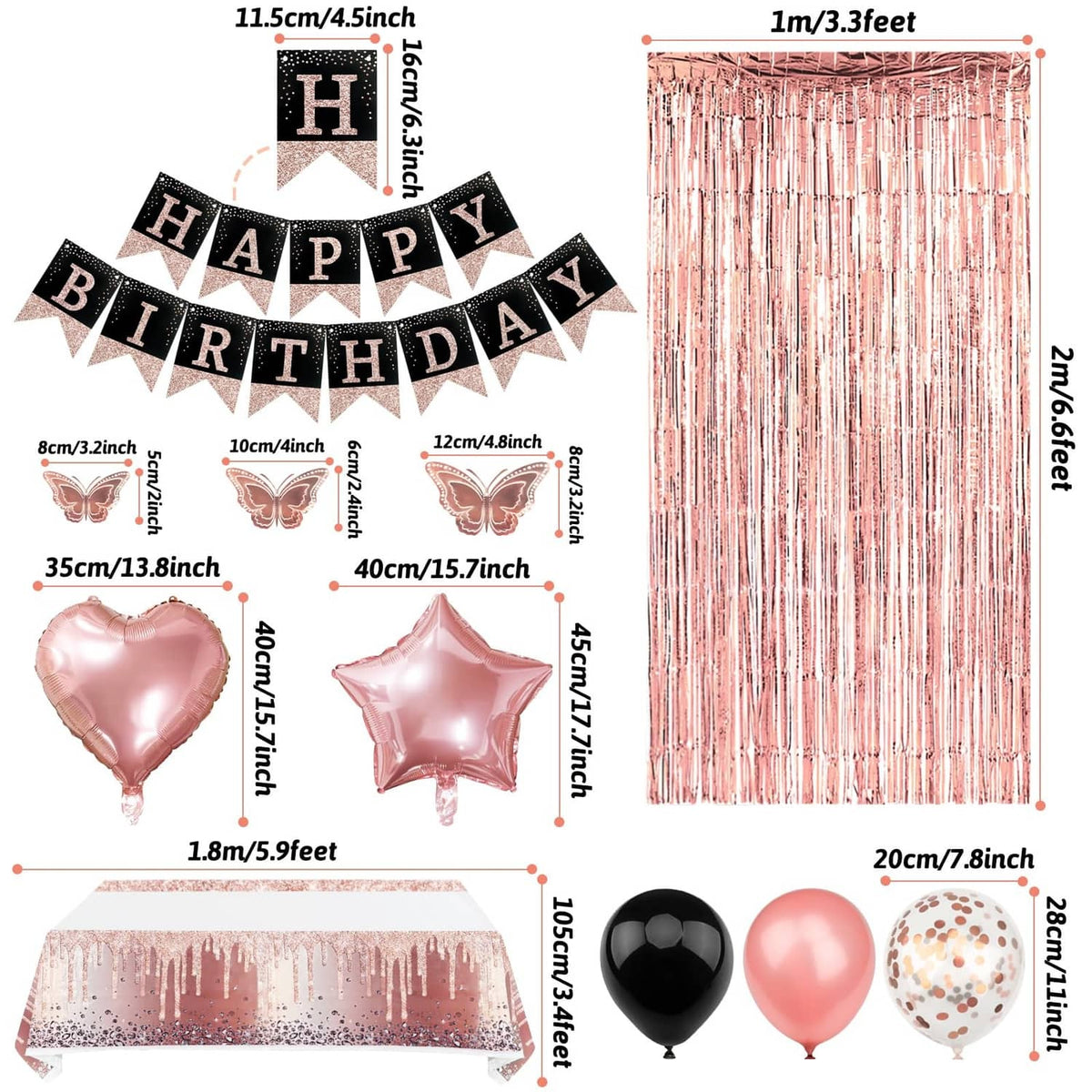 Birthday decoration set with size labels: Happy Birthday banner, curtains, and foil balloons