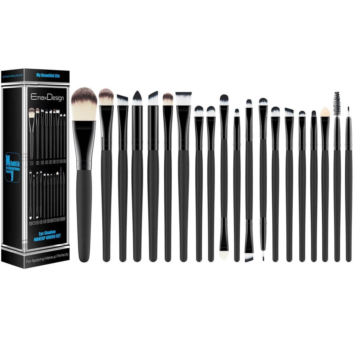 20-piece makeup brush set with black handles, varied bristle shapes, plus spoolie brush