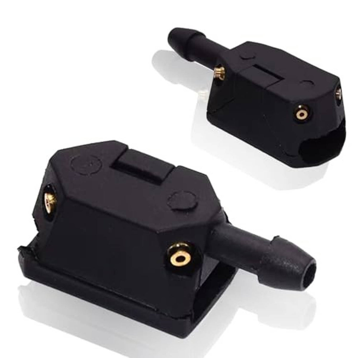 Set of two black windshield washer nozzles with front spray tube and copper fittings