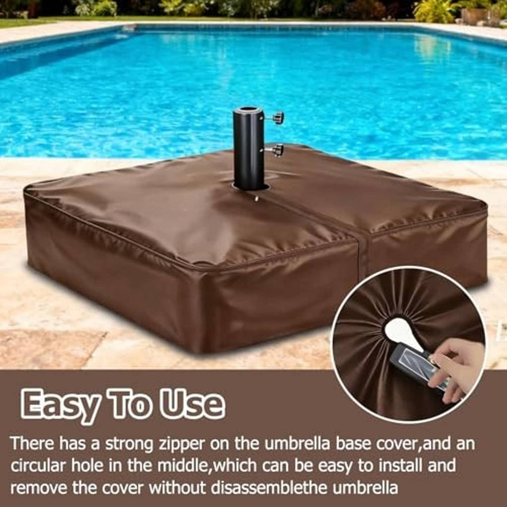 Brown waterproof umbrella base cover with center pole opening and smooth, taut fabric