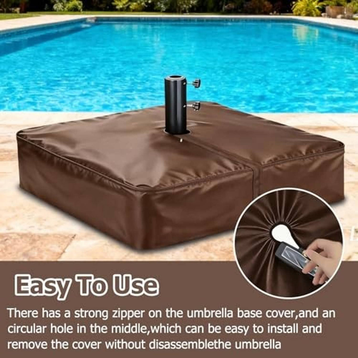 Brown waterproof umbrella base cover with center pole opening and smooth, taut fabric