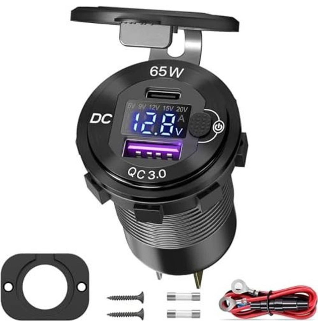 Black 12V car USB-C charger with 65W screen, DC input, and QC 3.0 port