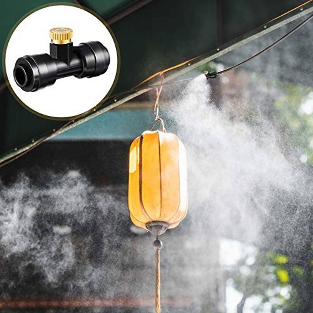 Connected misting nozzle with brass cap releasing fine spray from 1/4 in tubing
