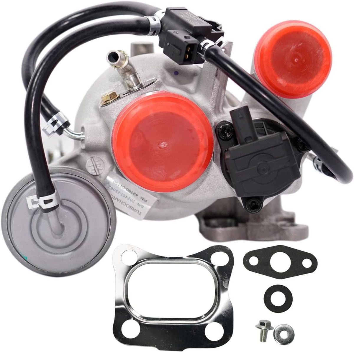 Turbocharger with air intake hose, two red caps, and included gaskets