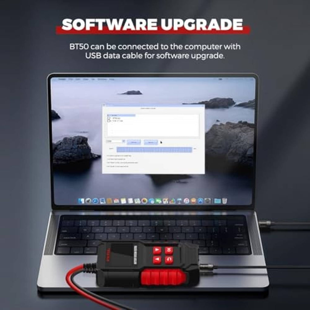 Battery system tester connected to laptop for software upgrade via USB cable