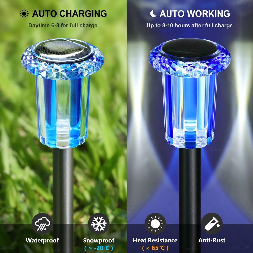 Waterproof solar stake lights with blue glowing lamp heads and silver poles