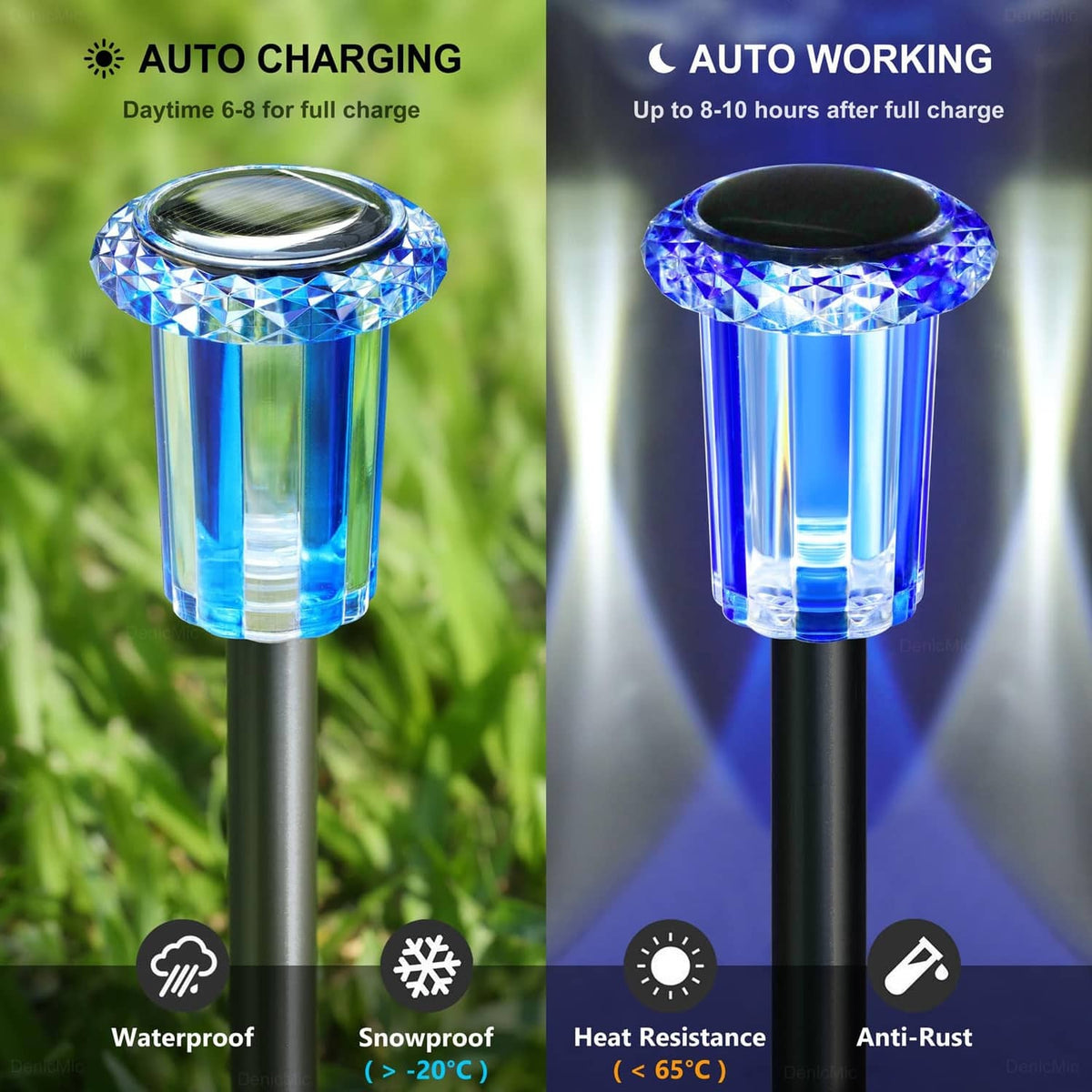 Waterproof solar stake lights with blue glowing lamp heads and silver poles