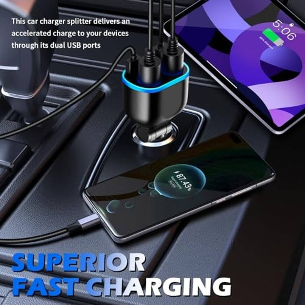 Car cigarette lighter splitter with dual USB charging ports plugged into a vehicle