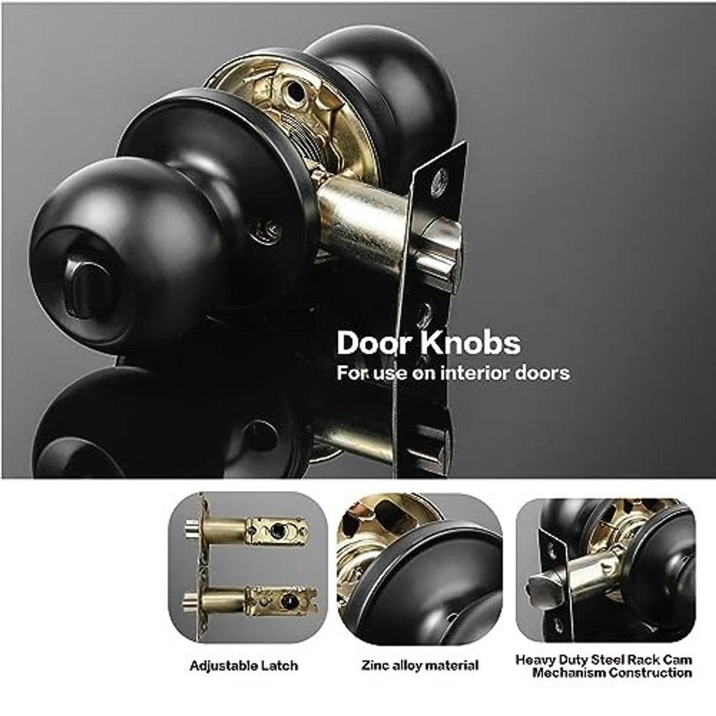 Matte black door lock knobs with key cylinder and latch components on plate