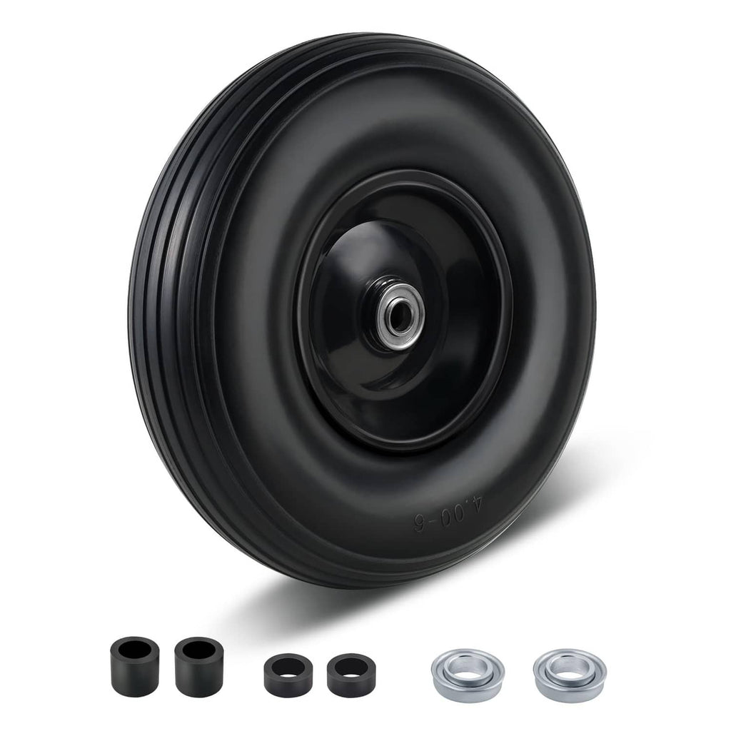 Black 13-inch flat-free wheelbarrow tire with steel hub and axle holes