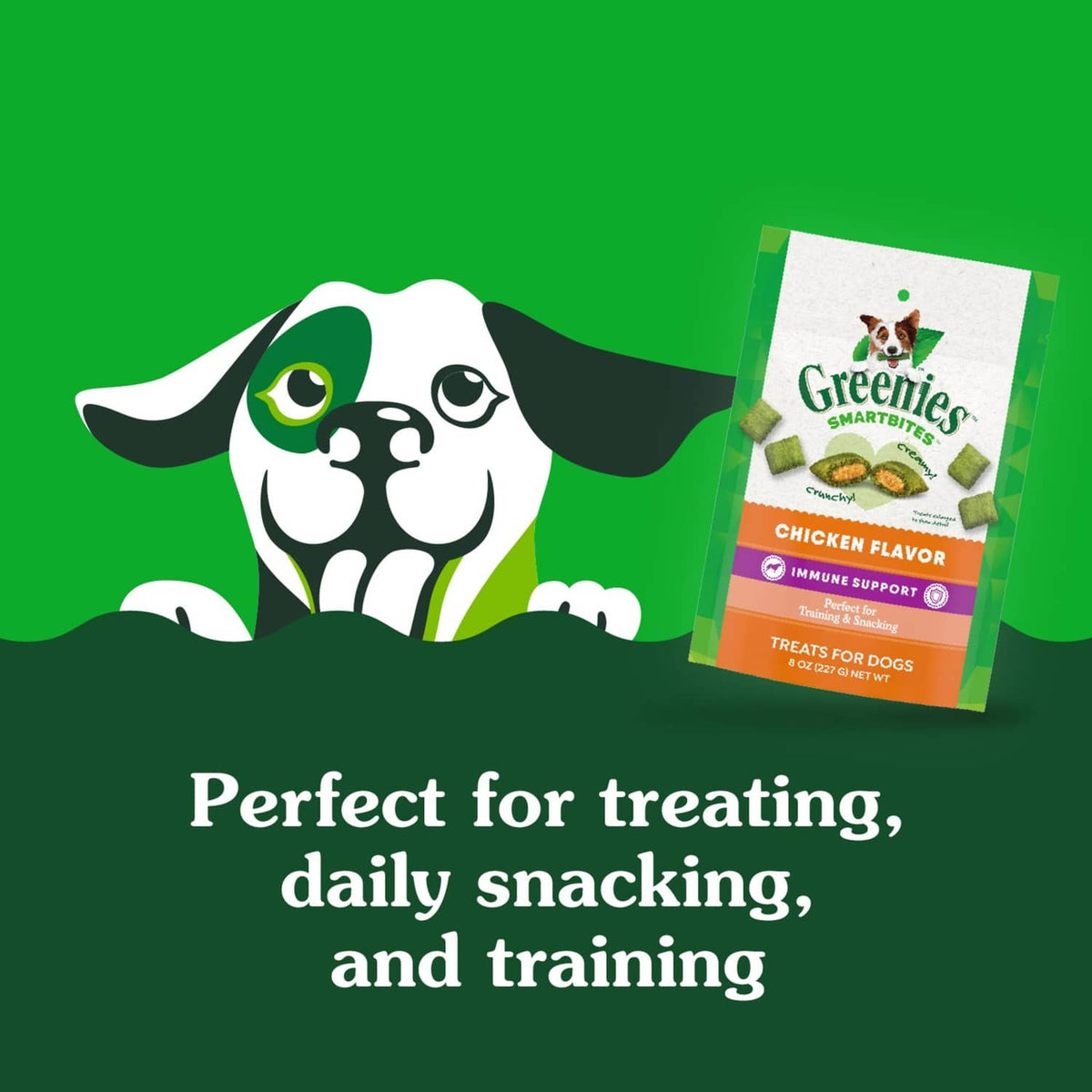 Dog treat pouch with dog mascot illustration on green background