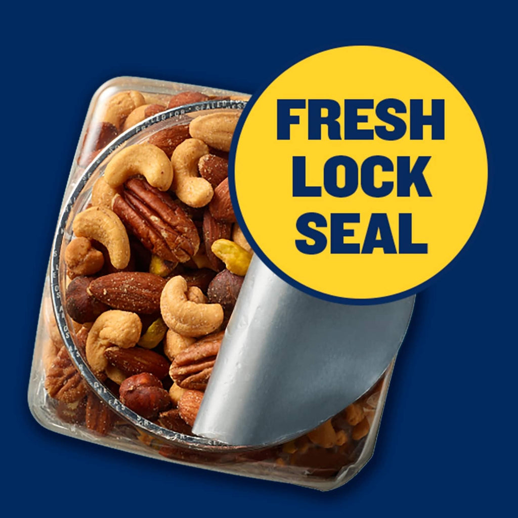 Mixed nuts jar with Fresh Lock Seal sticker on front