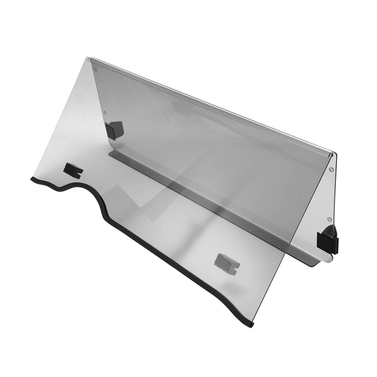 Folding tinted windshield screen laid flat with black edge supports