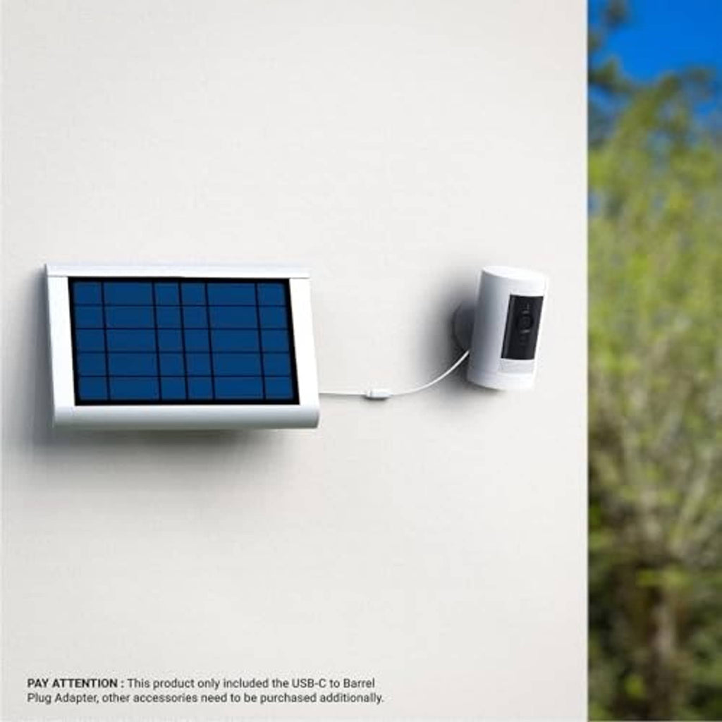 Solar-powered setup with USB-C to barrel plug adapter cable and wall-mounted camera