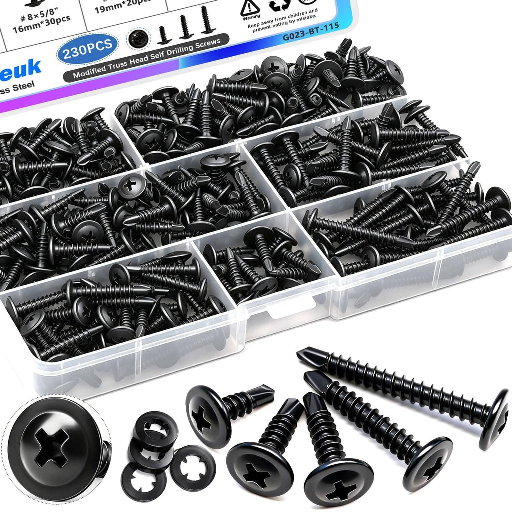 Black self-tapping screws set in clear organizer trays, with star-drive heads