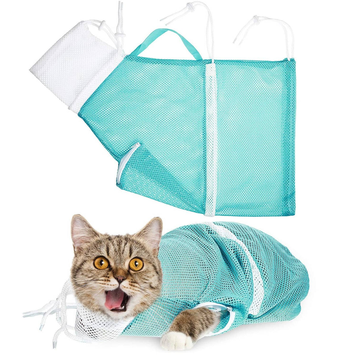 Teal and white mesh cat grooming wash bags with handles and drawstrings