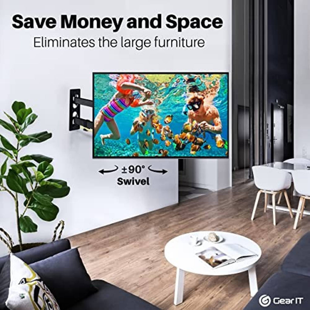 Flat-screen TV on black wall mount with swivel range arrows